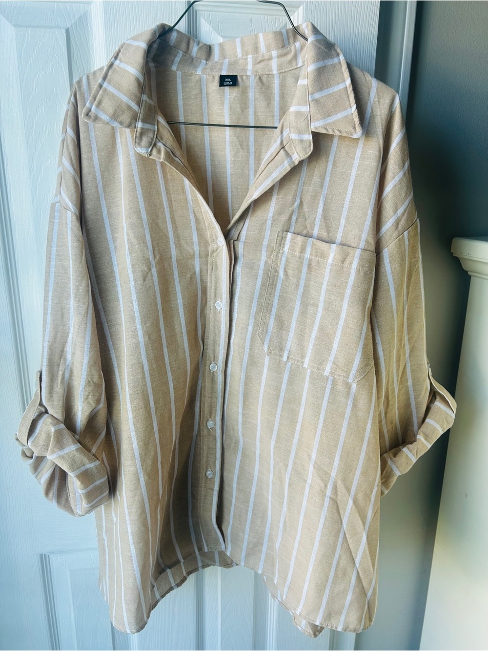 Source Unknown Beige and White Striped Button-Down Shirt